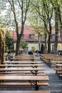 Leere Bänke in Münchner Biergarten