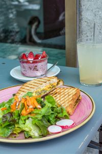 Veganes Grilled Cheese Sandwich auf einem pinken Teller mit Salatbeilage, LImonade und Rohkost-Dessert.